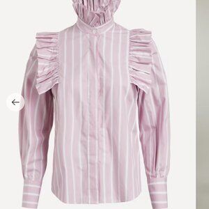 Elegant Pink Striped Women's Blouse with Ruffles